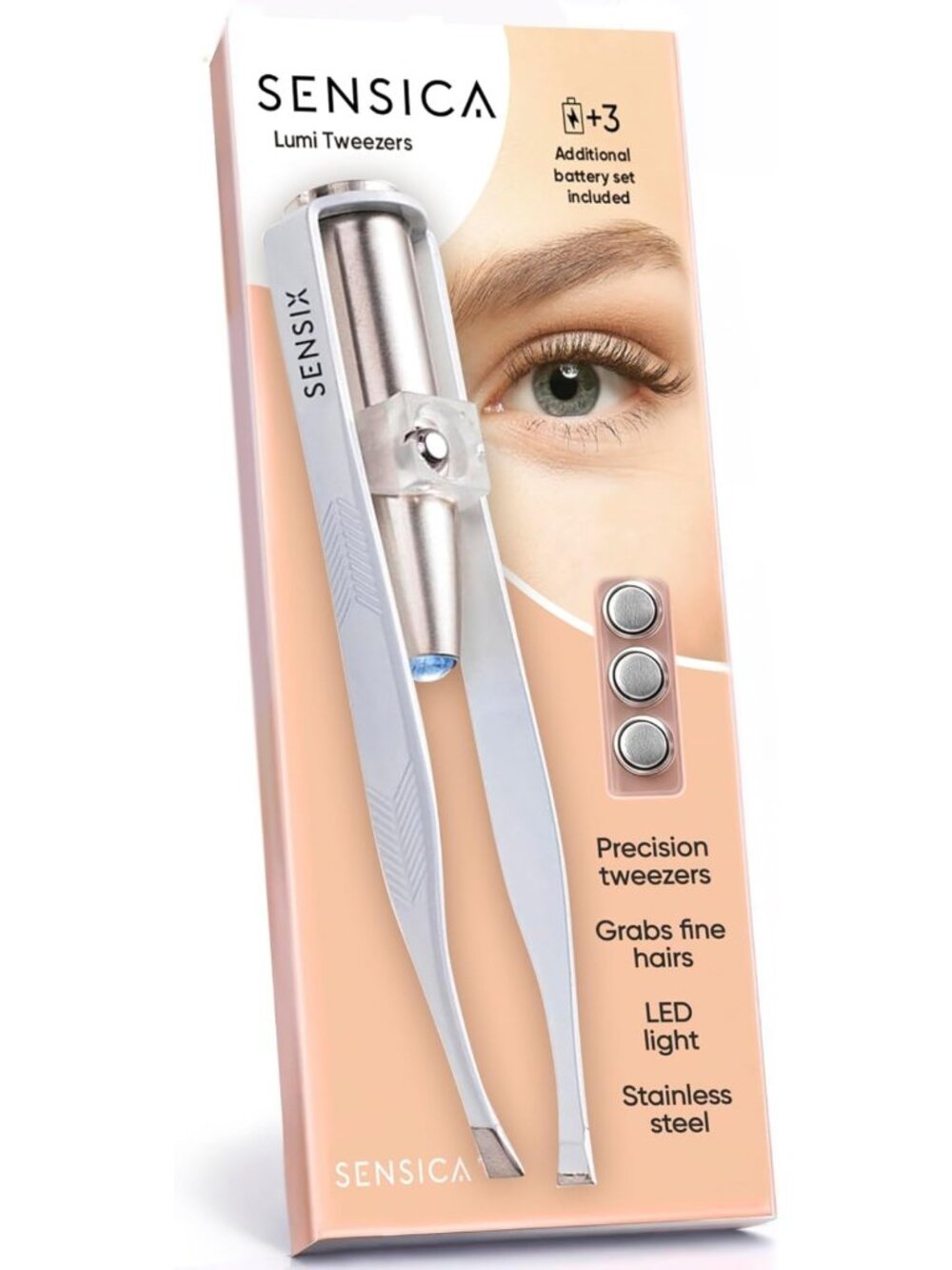 LED Lighted Precision Eyebrow Tweezers for Women - Stainless Steel Slant Tip